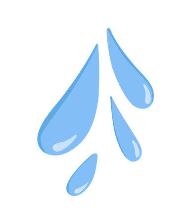 Water drops, splashes, spatter. Blue aqua blobs, waterdrops splatter. Clean pure watery droplets falling down. Clean fresh sprinkles, moisture. Flat vector illustration isolated on white backgroundのイラスト素材