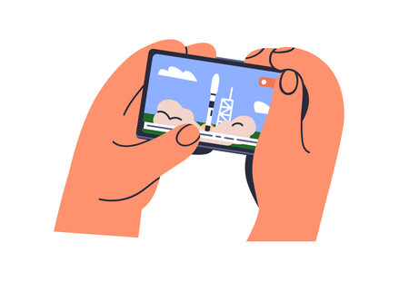 Mobile phone in hands, watching live news, online video broadcast. Holding smartphone, cellphone display, horizontal screen. Watch internet media. Flat vector illustration isolated on white backgroundのイラスト素材