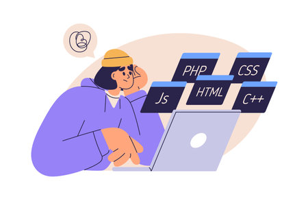 Student studying code, program. Puzzled person chooses computer language to learn. Coder, programmer education, information technology concept. Flat vector illustration isolated on white backgroundのイラスト素材