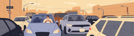 Traffic jam on busy city street. Angry man stuck on road in rush hour, late on way to work. Lots of auto transport, slow heavy movement, slowly vehicle flow in downtown. Flat vector illustrationのイラスト素材