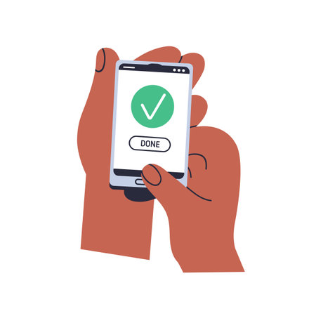 Done checkmark on mobile smart phone screen in hands. Holding smartphone with green checkbox, success symbol, approving, confirming, agreeing. Flat vector illustration isolated on white backgroundのイラスト素材