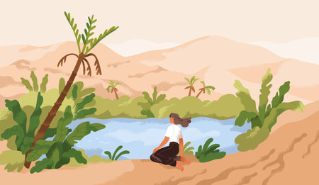 Landscape with water among sand. Oasis in dry desert. Woman relaxing in calm serene nature alone in peace. Relaxation, psychology concept. Flat graphic vector illustration isolated on white backgroundのイラスト素材