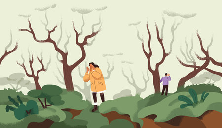 Lost woman, man searching each other in woods, calling, hoping. Sad couple wandering, missing. Relationship problem, psychology concept. Lonely people looking for partner. Flat vector illustrationのイラスト素材