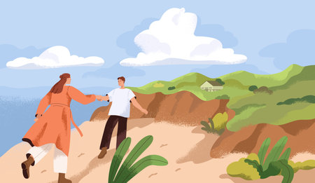 Love couple walking in nature. Happy free man and woman at sea coast. Romantic date, stroll at countryside. Calm peaceful rural landscape with grass, water and people. Flat vector illustrationのイラスト素材