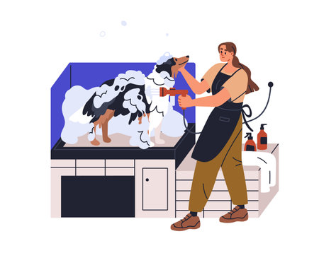 Bathing dog at canine beauty salon. Grooming, washing doggies hair, coat with shampoo, soap, water shower at groomers. Groomer and pet service. Flat vector illustration isolated on white backgroundのイラスト素材
