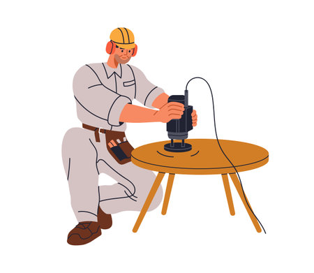 Carpenter sanding wood furniture with electric tool, woodwork machine, orbital sander. Restoring, polishing, buffing wooden table for renovation. Flat vector illustration isolated on white backgroundのイラスト素材