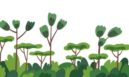 Green plants, trees border. Leaf forest decor. Natural decorative edge, botanical decoration with leaves, trunks, shrubs, woodland. Modern flat vector illustration isolated on white backgroundのイラスト素材
