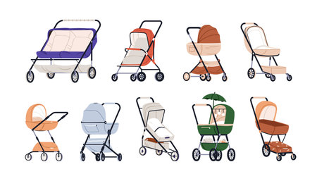 Strollers, prams, pushchairs set. Empty baby carriages, wheeled cradles. Childs carts, infants...