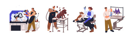 Pet grooming salon set. Groomers washing dogs hair, bathing, drying coat, cutting and trimming cats claws. Professional animal care service. Flat vector illustrations isolated on white backgroundのイラスト素材