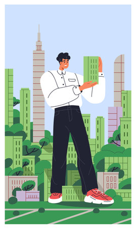 City environment, real estate card. Happy giant character on urban street. Green buildings, eco apartment houses development concept. Architecture and nature, park, trees. Flat vector illustrationのイラスト素材