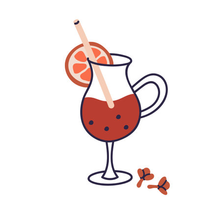 Mulled wine, hot winter drink in wineglass. Warm Christmas beverage in glass with orange slice, clove and straw. Spiced alcohol, gluhwein. Flat vector illustration isolated on white backgroundのイラスト素材