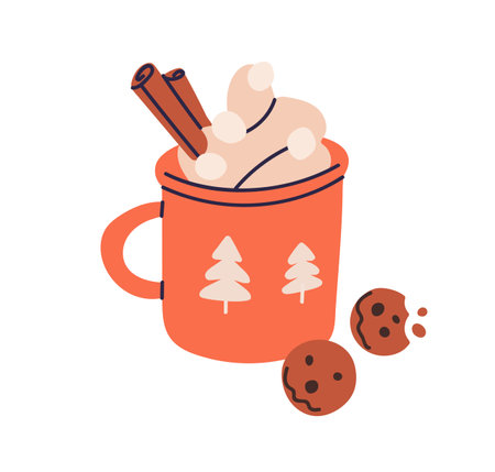 Hot cocoa mug with chocolate cookies. Warm cacao cup, winter drink with whipped cream and cinnamon sticks. Sweet tasty Christmas beverage. Flat vector illustration isolated on white backgroundのイラスト素材