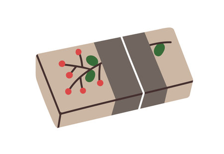 Gift box in kraft paper with berry branch decoration. Present in craft wrapping. Holiday surprise, plant decor. Festive package design. Flat graphic vector illustration isolated on white backgroundのイラスト素材