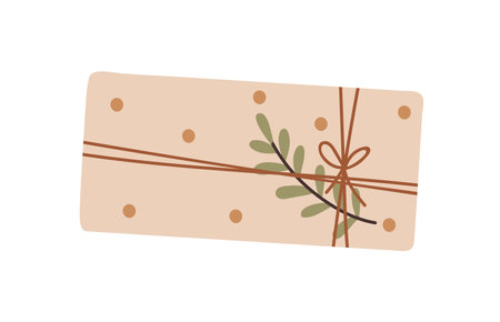 Gift box in paper wrapping, leaf branch decoration. Present design with plant decor. Surprise in package with twig, rope. Giftbox pack. Flat graphic vector illustration isolated on white backgroundのイラスト素材