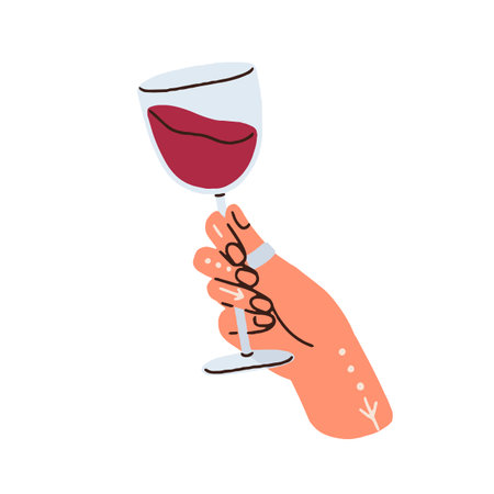 Red wine in wineglass. Hand holding glass on stem, swirling drink for tasting, smelling. Arm raised up with alcohol beverage in goblet. Flat graphic vector illustration isolated on white backgroundのイラスト素材