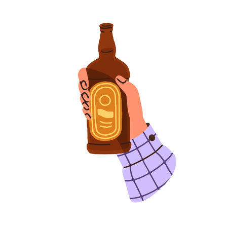 Beer in glass bottle. Hand holding pint, alcohol drink. Arm raised up with cold alcoholic craft beverage, celebrating holiday in pub. Flat vector illustration isolated on white backgroundのイラスト素材