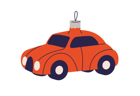 Vintage retro bauble, car-shaped ornament. Xmas tree decoration, adornment in old 60s style. Christmas toy, automobile transport decor. Flat vector illustration isolated on white backgroundのイラスト素材