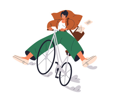 Happy business woman cycling, riding bicycle. Funny joyful female character on bike, fun and joy. Excited active energetic carefree postwoman. Flat vector illustration isolated on white backgroundのイラスト素材