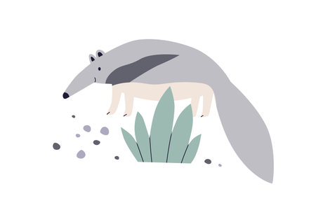 Cute anteater. Funny antbear animal in nature. Exotic fauna in kids kindergarten Scandinavian style. Adorable kawaii mammal with long nose, trunk. Flat vector illustration isolated on white backgroundのイラスト素材