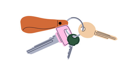 House door keys, leather trinket hanging on keyring, keyholder. Keychain, ring. Home locking accessories for private apartment and postbox. Flat vector illustration isolated on white backgroundのイラスト素材