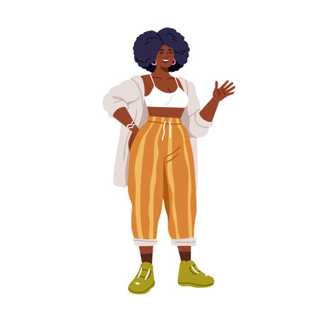 Happy black woman greeting, hi gesture. African girl in fashion clothes, summer apparel in trendy style. Young female in stylish casual outfit. Flat vector illustration isolated on white backgroundのイラスト素材
