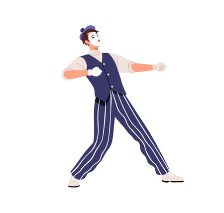 French mime, comic performer. Street silent mimic actor performing pantomime. France comedian with pulling rope with hands in glove. Flat graphic vector illustration isolated on white backgroundのイラスト素材