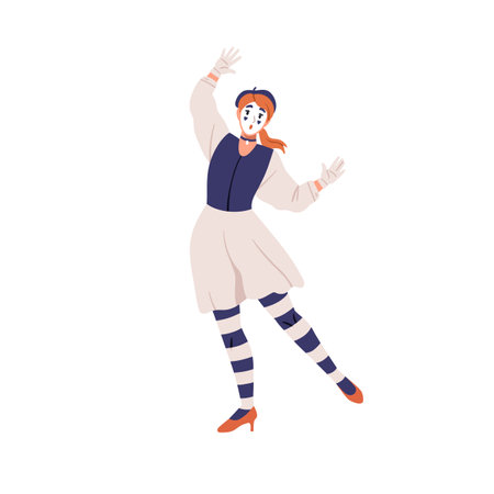 French mime, female actress performing pantomime. Comic mimic artist, comedian. Woman in beret playing silent dumb comedy Behind the Wall. Flat vector illustration isolated on white backgroundのイラスト素材