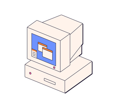 Old retro computer in 80s style. Obsolete PC monitor. Outdated nostalgic desktop. 1980s device icon, vintage technologies of eighties. Flat vector illustration isolated on white backgroundのイラスト素材