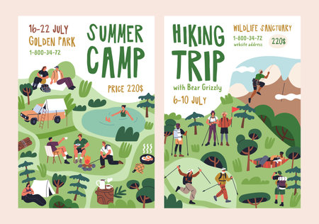 Summer camp, holiday hiking, posters designs. Outdoor adventure, trips, advertising cards, promotion banners templates. Campsite, backpacking and nature travel backgrounds. Flat vector illustrations.のイラスト素材