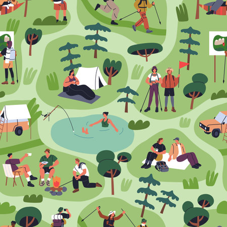 Hiking and camping, seamless pattern. Summer tourists in nature, adventure, endless background. Campers, hikers travel outdoors, backpacking, holiday repeating print. Flat graphic vector illustration.のイラスト素材