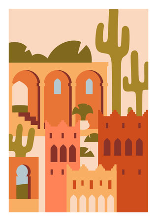Moroccan poster. Morocco architecture card design. Berber building, vertical background. Ancient Arabian city, Marrakech and Medina, Eastern oriental wall art. Colored flat vector illustrations.のイラスト素材