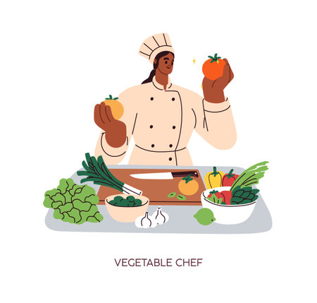 Chef cook preparing vegetables for cooking vegetarian dish. Culinary professional at cutting board with healthy veggies for vegan meal, salad. Flat vector illustration isolated on white background.のイラスト素材