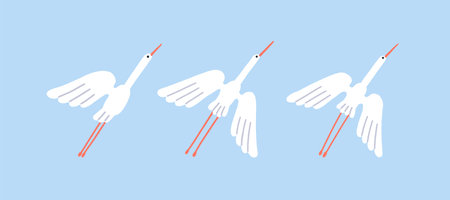 Cranes in flight. Egrets, herons flying in the sky. Winged feathered animals, birds flock with long beaks, flies in air, soaring, gliding in nature. Wild fauna drawing. Flat vector illustrations.のイラスト素材