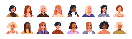 Women avatars, modern hairstyles set. Female portraits, trendy long and short hair styles, hairdos. Girls characters with fashion stylish haircut. Flat vector illustration isolated on white background.のイラスト素材