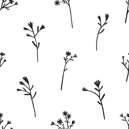 Seamless floral pattern. Endless botanical background. Spring flowers, wildflowers, repeating print. Black and white natural texture for fabric, textile design. Flat graphic vector illustration.のイラスト素材