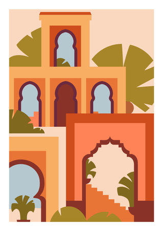Morocco poster. Moroccan buildings, architecture, vertical card background. Abstract ancient Arab city, Marrakesh and Medina gates, windows. Berber wall art, decor. Colored flat vector illustrations.のイラスト素材