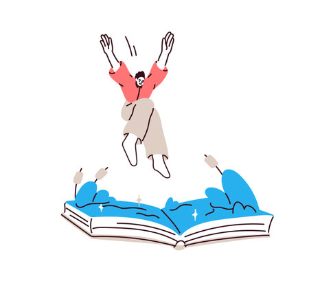 Reader diving into book, knowledge ocean, information sea. Character jumping into fiction literature. Imagination, education concept. Flat graphic vector illustration isolated on white background.のイラスト素材