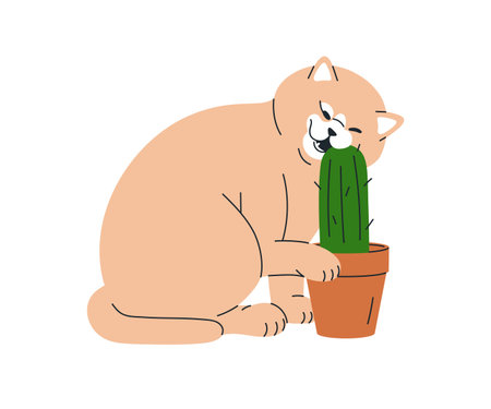 Funny cat pet. Cute kitty biting cactus in pot, houseplant. Adorable amusing feline animal chewing barbed spiky plant. Comic humor flat graphic vector illustration isolated on white background.のイラスト素材