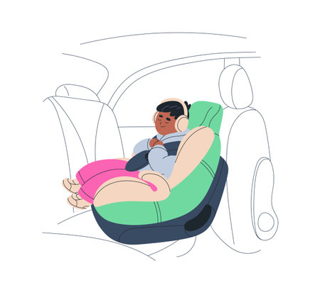 Black kid sleeping in baby car seat. Toddler passenger sitting in child safety chair in auto. Boy asleep in headphones at backseat in road travel. Flat vector illustration isolated on white background.のイラスト素材