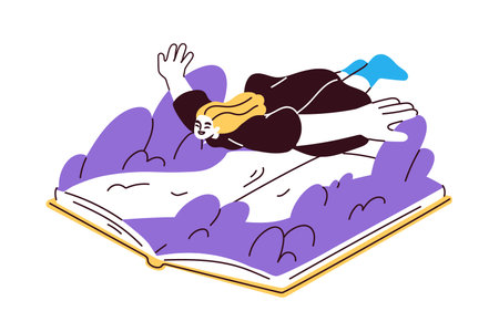 Reading fiction book, fantasy. Imagination, creativity, fancy literature concept. Reader flying over pages, dreaming, imagining. Creative flat vector illustration isolated on white backgroundのイラスト素材