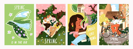 Spring card backgrounds set. Cute postcards, flowers, bird, nature, girl on bicycle, picnic in park....