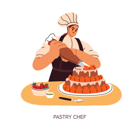 Pastry chef, confectioner cooking cake. Baker decorating dessert with cream from confectionery bag. Kitchen worker preparing, making sweet food. Flat vector illustration isolated on white backgroundのイラスト素材