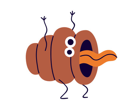 Funny comic shit character. Cute excited mad poo shouting, open mouth and tongue. Crazy fun emotion, expression, screaming sticker, emoji. Flat vector illustration isolated on white backgroundのイラスト素材