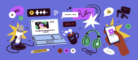 Podcast, music recording set. Mic, laptop, headphones. Microphone, earphones, sound equipment, play button, broadcast items, online audio content, phone app. Isolated flat graphic vector illustrationsのイラスト素材