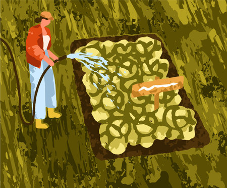 Farmer watering vegetable garden. Agriculture worker with water hose at organic natural crops, harvest in summer. Eco green country plantation, rural countryside farmland. Flat vector illustrationのイラスト素材