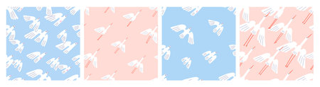 Flying birds, seamless patterns set. Cranes and doves flocks in flight in sky, endless background...