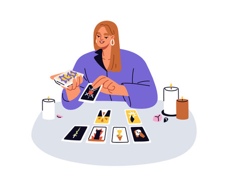 Fortune teller laying tarot cards spread. Taro reader telling future, prediction. Fortuneteller, esoteric divination, forecasting, predicting. Flat vector illustration isolated on white backgroundのイラスト素材