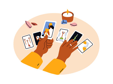 Tarot spread, divination, fortunetelling. Taro cards reader reading future, predicting, fortune telling. Fortuneteller, esoteric prediction. Flat vector illustration isolated on white backgroundのイラスト素材