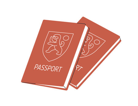 Two passport books. Identity, nationality and citizenship, paper documents icon. Official identification personal docs pair, abstract cover. Flat vector illustration isolated on white backgroundのイラスト素材