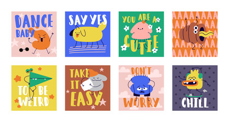 Comic cards with abstract funny cute characters set. Modern creative humor postcards in whimsical fun doodle style. Eccentric bizare weird fancy faces. Colored flat cartoon vector illustrationsのイラスト素材